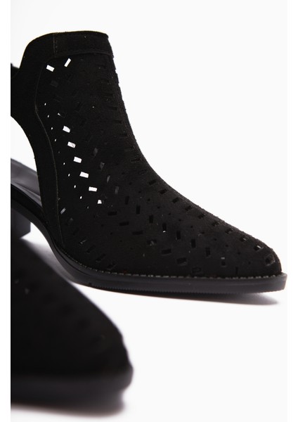 Julian Siyah Süet Delikli Kalın Topuklu Kadın Western Yazlık Bot fırsatları