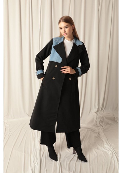 Torino Kumaş Kot Garnili Kadın Siyah Trençkot