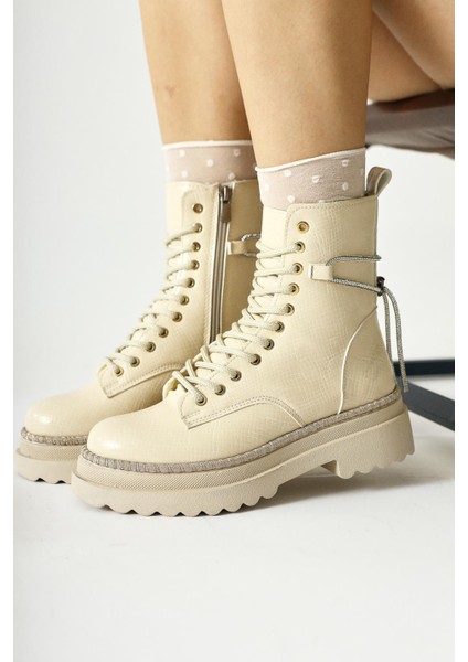 Andia Bej Parlak Taş Detaylı Bağcıklı Bot modelleri