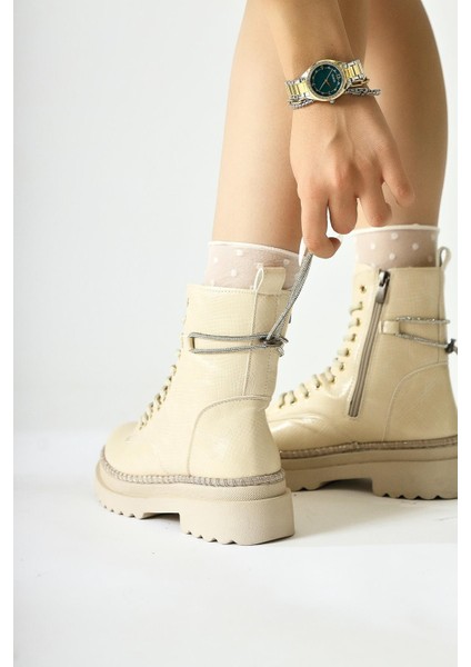 Andia Bej Parlak Taş Detaylı Bağcıklı Bot indirimleri