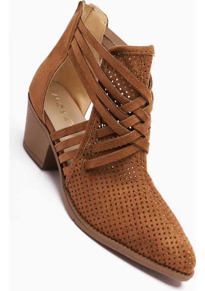 Kimia Taba Süet Fermuarlı Kalın Topuklu Kadın Western Yazlık Bot