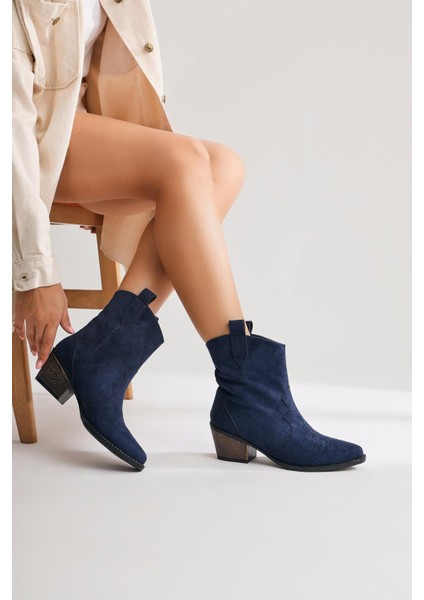 Joo Lacivert Süet Sivri Burunlu Nakışlı Western Bot