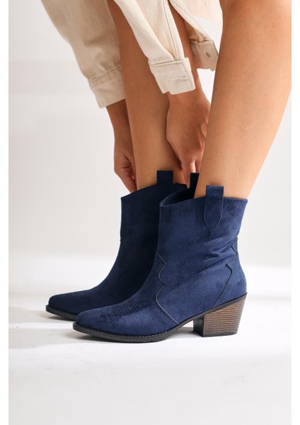 Joo Lacivert Süet Sivri Burunlu Nakışlı Western Bot fiyatları