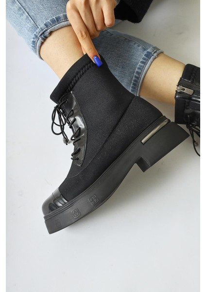 Maline Siyah Dalgıç Kumaş Rugan Detaylı Kalın Taban Bot