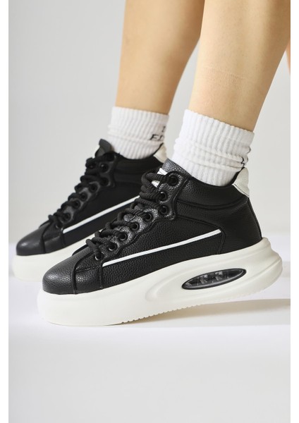 Lourin Siyah Deri Desenli Havalı Taban Bağcıklı Spor Bot