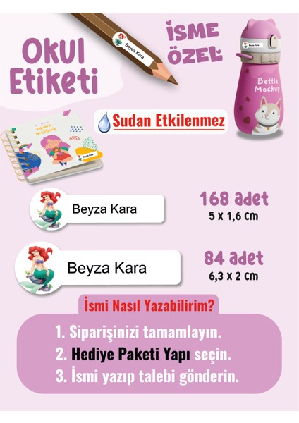 Okul Etiketi SUDAN ETKİLENMEZ, Kalem Defter Etiketi Deniz Kızı Temalı Özel Isim Yazılabilen Etiket - 252ADET