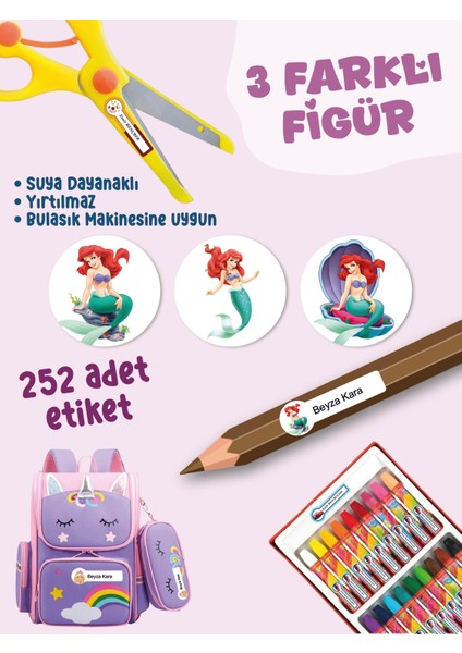 Okul Etiketi SUDAN ETKİLENMEZ, Kalem Defter Etiketi Deniz Kızı Temalı Özel Isim Yazılabilen Etiket - 252ADET fiyatları