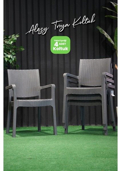 Troya Rattan Desenli Koltuk Kollu Balkon Bahçe Koltuğu 4'lü Set Antrasit