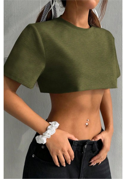 Kadın Haki Bisiklet Yaka Oversize Crop T-Shirt fırsatları