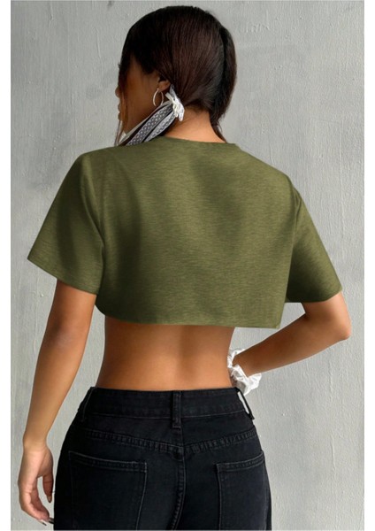 Kadın Haki Bisiklet Yaka Oversize Crop T-Shirt