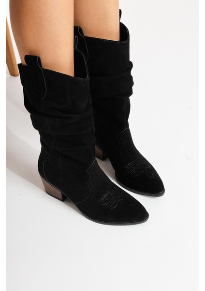 Lise-Britt Siyah Süet Körüklü Nakışlı Western Bot modelleri