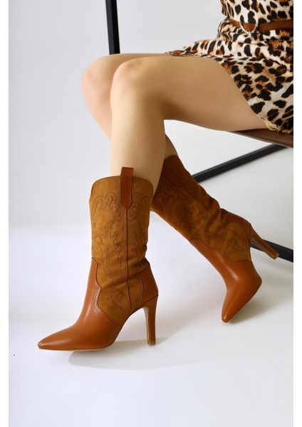 Abigael Taba Süet Deri Detaylı Nakışlı Ince Topuklu Bot fırsatları