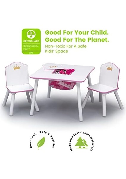 Children Prenses Taç Çocuk Ahşap Masa ve Saklamalı Sandalye Takımı - Greenguard Gold Sertifikalı, Beyaz/pembe modelleri