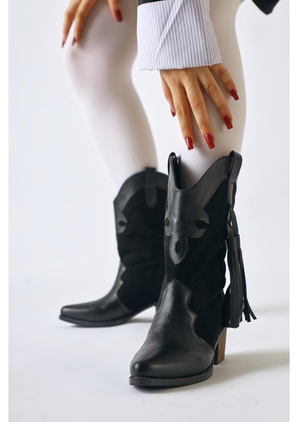 Pandorak Siyah Süet Detaylı Püsküllü Sivri Burunlu Western Bot