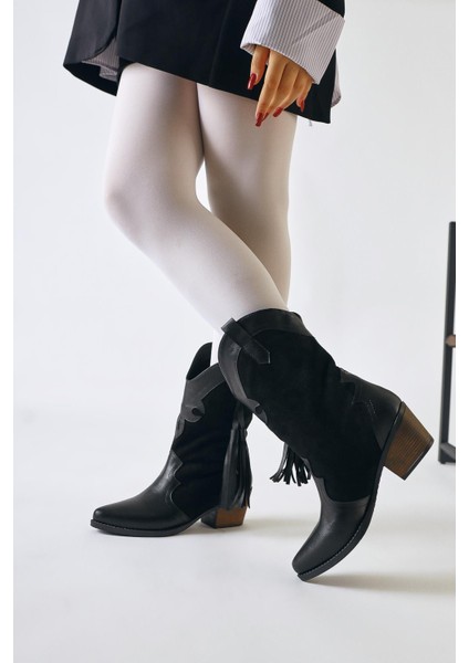 Pandorak Siyah Süet Detaylı Püsküllü Sivri Burunlu Western Bot fiyatları