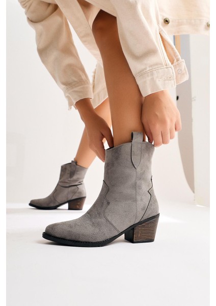 Joo Gri Süet Sivri Burunlu Nakışlı Western Bot fiyatları