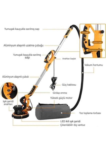 Elektrikli Alçıpan Zımpara Makinesi, 6 Değişken Hız, Uzatılabilir Saplı Duvar Tavan Zımpara Cihazı modelleri