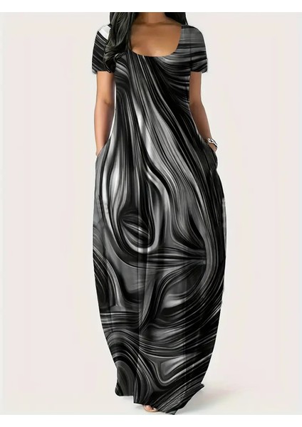 Kadın Kısa Kollu Yuvarlak Yaka Cepli Salaş Baskılı Süprem Elbise fiyatları