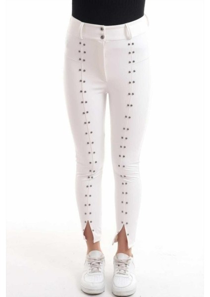 Beyaz Taş Işlemeli Deri Tayt indirimleri