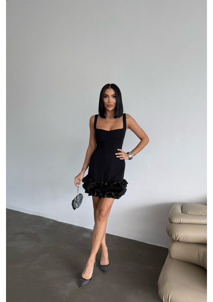 Askılı Kısa Dar Elbise Etekucu Tasarım Katlı - Siyah