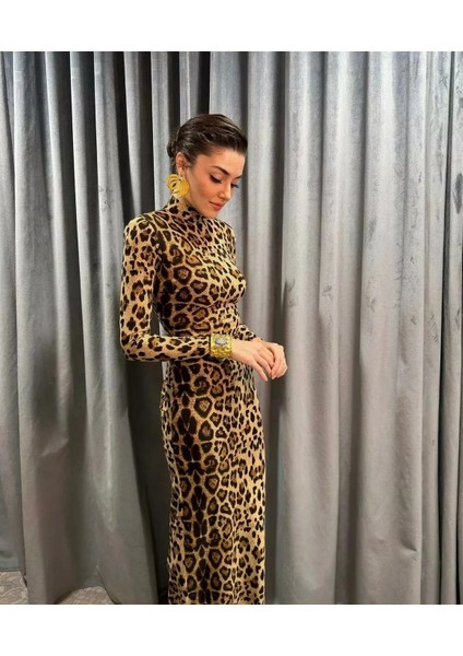 Allbucks Hande Erçel Uzun Bodycon Leopar Elbise ABGYM8677