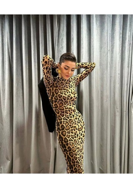 Allbucks Hande Erçel Uzun Bodycon Leopar Elbise ABGYM8677 indirimleri