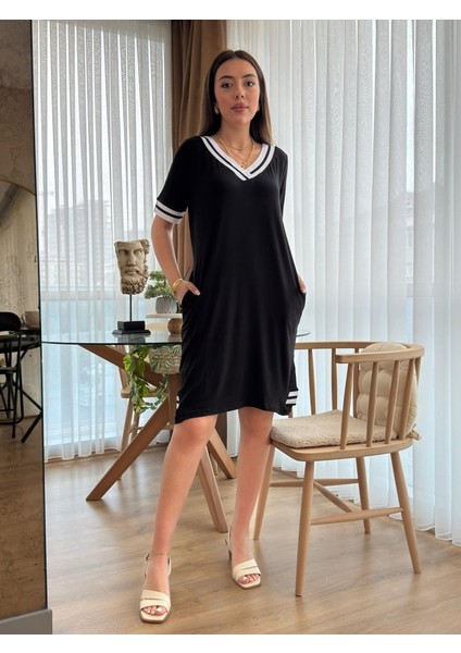 Kadın Kısa Kollu V Yaka Ribana Detaylı Cepli Dizüstü Viskon Elbise fırsatları