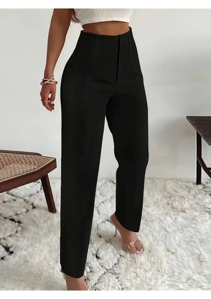 Kadın Yüksek Bel Önden Fermuarlı Ithal Krep Pantolon