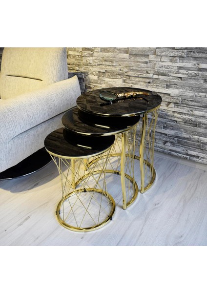 Lü Hasır Siyah Temperli Cam Gold Metal Zigon Sehpa