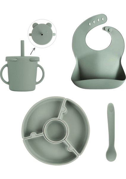 4'lü Silikon Beslenme Seti - Yapboz Puzzle Mama Tabağı Önlük Pipetli Bardak Diş Kaşıyıcı Kaşık Yeşil