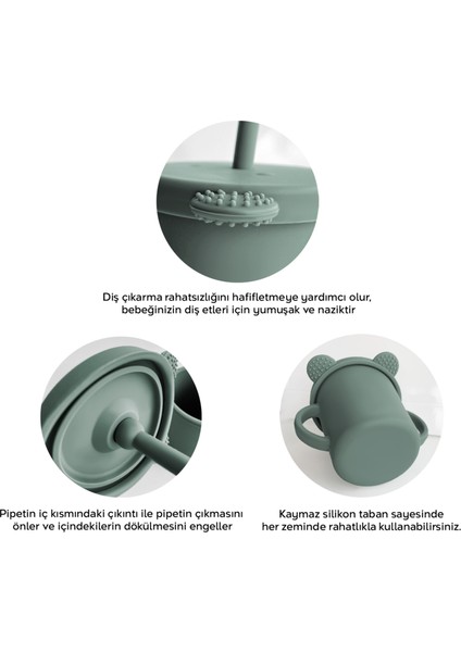 4'lü Silikon Beslenme Seti - Yapboz Puzzle Mama Tabağı Önlük Pipetli Bardak Diş Kaşıyıcı Kaşık Yeşil modelleri