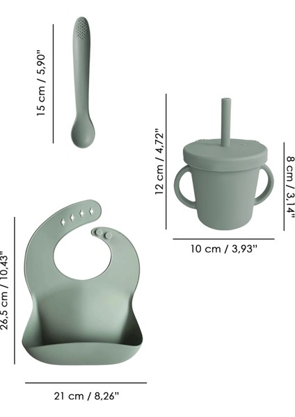 4'lü Silikon Beslenme Seti - Yapboz Puzzle Mama Tabağı Önlük Pipetli Bardak Diş Kaşıyıcı Kaşık Yeşil