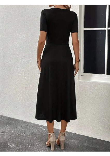 Kadın Kısa Kollu V Yakalı Önden Düğmeli Yırtmaçlı Midi Viskon Elbise modelleri