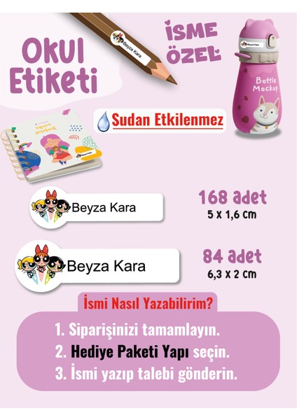 Okul Etiketi SUDAN ETKİLENMEZ, Kalem Defter Etiketi Power Puf Girl Temalı Özel Isim Yazılabilen Etiket - 252ADET