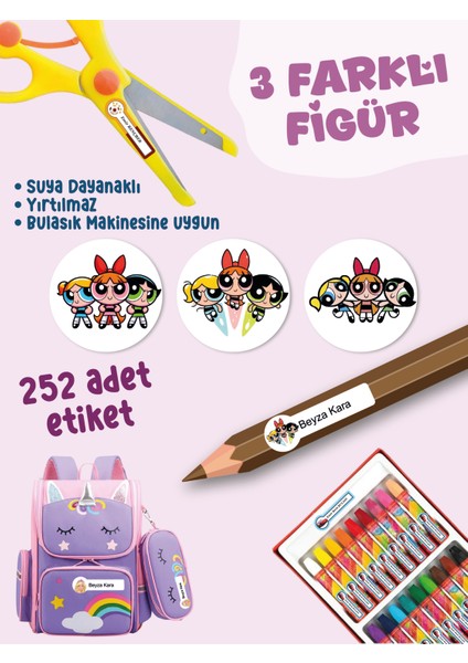 Okul Etiketi SUDAN ETKİLENMEZ, Kalem Defter Etiketi Power Puf Girl Temalı Özel Isim Yazılabilen Etiket - 252ADET fiyatları