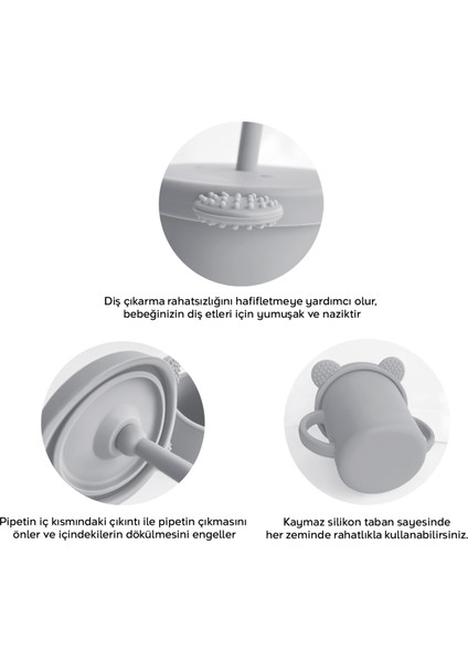 4'lü Silikon Beslenme Seti - Yapboz Puzzle Mama Tabağı Önlük Pipetli Bardak Diş Kaşıyıcı Kaşık Gri modelleri
