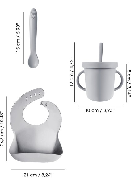 4'lü Silikon Beslenme Seti - Yapboz Puzzle Mama Tabağı Önlük Pipetli Bardak Diş Kaşıyıcı Kaşık Gri