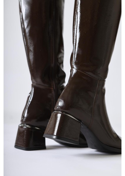 Miami Kahve Rugan Küt Burunlu Çizme modelleri