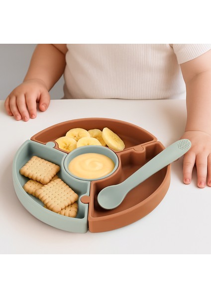Puzzle Mama Tabağı Kaşık Seti - Silikon Vakum Tabanlı Yapboz Mama Tabağı Silikon Kaşık - Kahve Yeşil