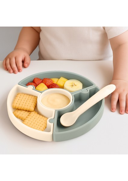 Puzzle Mama Tabağı Kaşık Seti - Silikon Vakum Tabanlı Yapboz Mama Tabağı Silikon Kaşık - Yeşil Bej