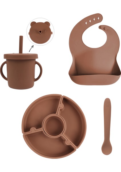 4'lü Silikon Beslenme Seti - Yapboz Puzzle Mama Tabağı Önlük Pipetli Bardak Diş Kaşıyıcı Kaşık Kahve