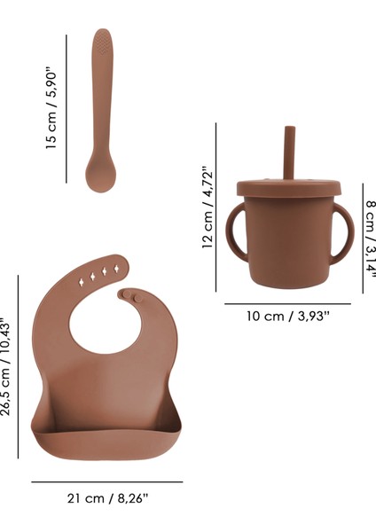 4'lü Silikon Beslenme Seti - Yapboz Puzzle Mama Tabağı Önlük Pipetli Bardak Diş Kaşıyıcı Kaşık Kahve