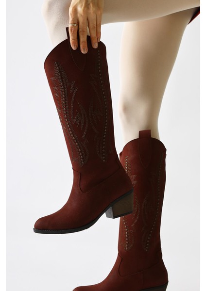 Fizaro Bordo Sivri Burunlu Nakışlı Zımba Detaylı Western Çizme