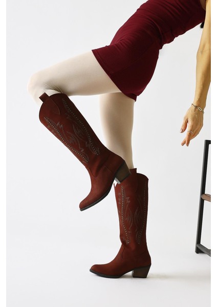 Fizaro Bordo Sivri Burunlu Nakışlı Zımba Detaylı Western Çizme fiyatları