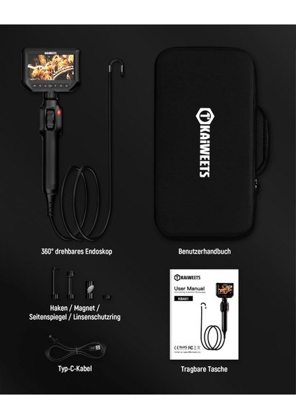 360° Döner Endoskop Kamera – 6.2mm Lens, 4.3" Ekran, 720P Hd Görüntü, 6 LED Işık, IP67 Su Geçirmez, 2 Metre Yarı Sert Kablo, 16GB Hafıza, Sanayi Tipi modelleri