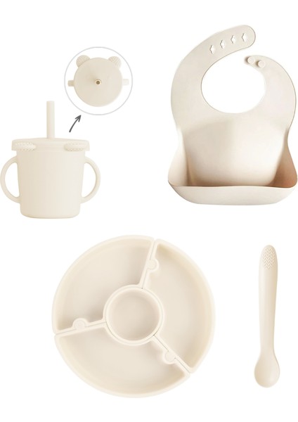 4'lü Silikon Beslenme Seti - Yapboz Puzzle Mama Tabağı Önlük Pipetli Bardak Diş Kaşıyıcı Kaşık Bej