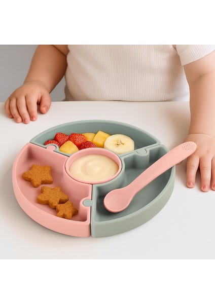 Puzzle Mama Tabağı Kaşık Seti - Silikon Vakum Tabanlı Yapboz Mama Tabağı Silikon Kaşık - Yeşil Pembe