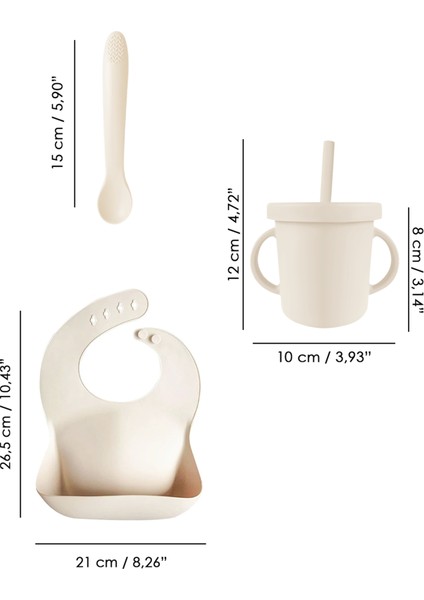 4'lü Silikon Beslenme Seti - Yapboz Puzzle Mama Tabağı Önlük Pipetli Bardak Diş Kaşıyıcı Kaşık Bej