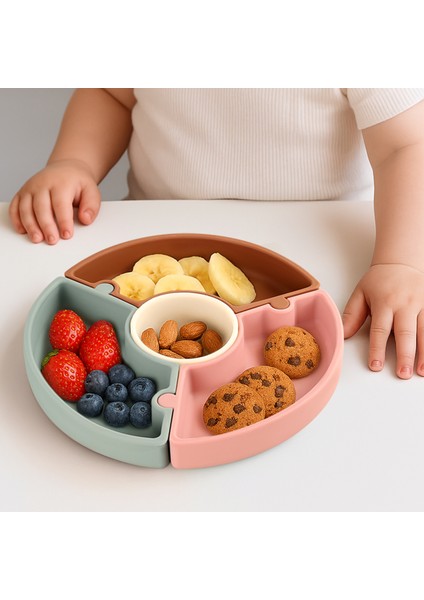 Vakumlu Silikon Puzzle Mama Tabağı - Vakum Tabanlı 4 Bölmeli Bebek Yapboz Mama Tabağı 4 Renk