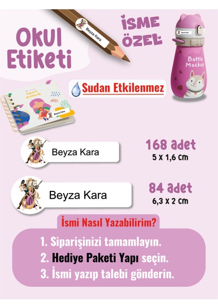 Okul Etiketi SUDAN ETKİLENMEZ, Kalem Defter Etiketi Rapunze Temalı Özel Isim Yazılabilen Etiket - 252ADET